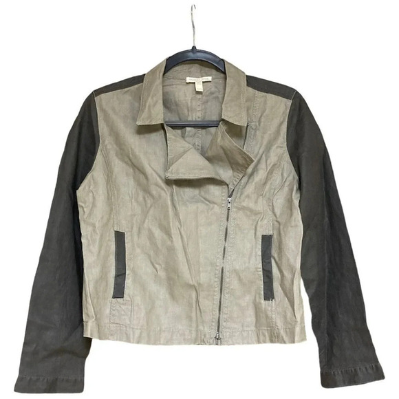 EILEEN FISHER Linen Stone Colorblock Zip Moto Jacket Size Petite Medium PM - Picture 1 of 6